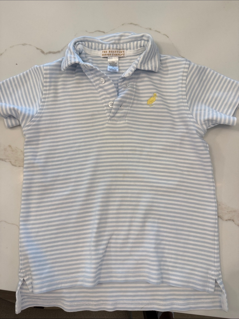 The Beaufort Bonnet Company Light Blue and White Striped Polo with Yellow Logo